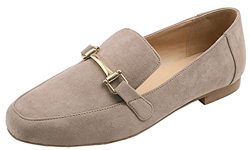 FEVERSOLE Women's Fashion Trim Deco Loafer Flats Dark Taupe Faux Suede Size 7.5 M US
