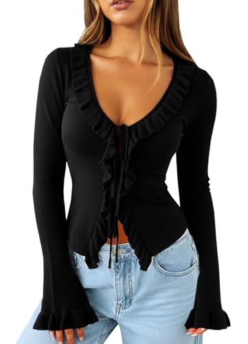 Navneet Women Ruffle Tie Front Cardigan Sweater Long Bell Sleeve Cropped Knit Sweater Top