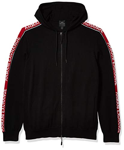A|X Armani Exchange Men's Zip Up Hoodie with Red AX Arm Stripe Logo, Black, L