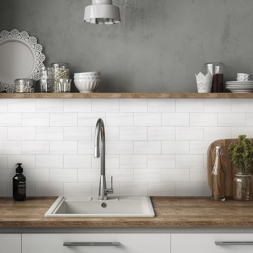 Vamos Tile 100-Piece Glossy Dolomite White Peel and Stick Backsplash Tile,3\'\'x6\'\' PVC Subway Tile with White Grout, Stick on Backsplash for Kitchen/Bathroom/Fireplace