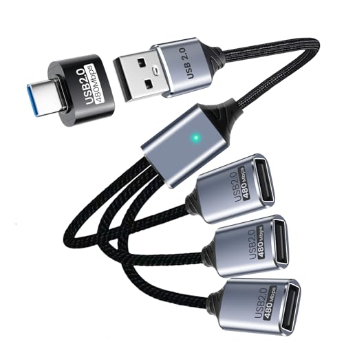 Seminer Divisor USB de 3 puertos con adaptador USBC para laptop, cable de extensión de 1 en 3 salidas, cable de datos y alimentación, compatible con PC, teclado, mouse, Mac, unidad flash PS4