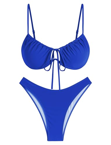 Image of ZAFUL Women High Cut Bikini Sets String Sexy Swimsuit Two Piece Underwire Bathing Suit Brazilian Cheeky Cut Out Cute Swimwear