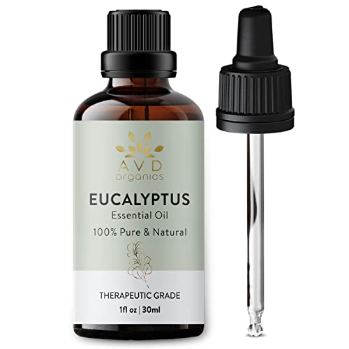 AVD ORGANICS Aceite esencial de eucalipto, 100% puro y natural, aceite esencial de grado terapéutico premium para baño de aromaterapia, baño de vapor, cabello, 1 fl. Onz, 30 ml (Paquete de 1)