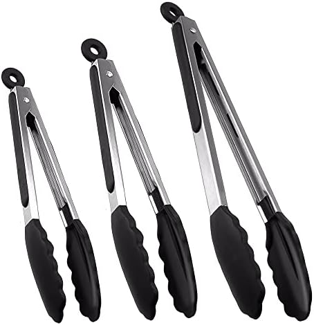 Kitchen Tongs, Set of 3 Silicone Tongs for Cooking, Stainless Steel Metal Food Tongs with Non-Stick Silicone Tips, for Food Grill, Salad, BBQ, Frying, Serving (7",9",12")