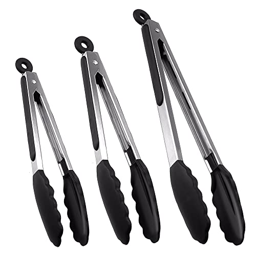 Kitchen Tongs, Set Of 3 Silicone Tongs For Cooking, Stainless Steel Metal Food Tongs With Non-Stick Silicone Tips, For Food Grill, Salad, Bbq, Frying, Serving (7",9",12") #TOP3
