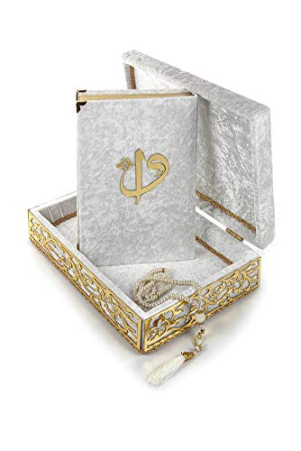Special Elegant Velvet Covered Decorative Box, Velvet Covered Quran Book in Arabic and Prayer Beads, Islamic Decorations for Home, Muslim Home & Table Decor, Perfect Islamic Ramadan Eid Gifts, White