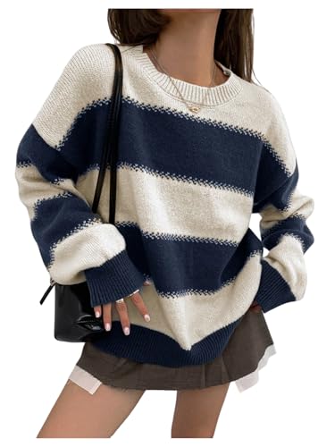 Verdusa Women's Old Money Clothes Pullovers Sweaters Striped Color Block Sweater Long Sleeve Knit Tops