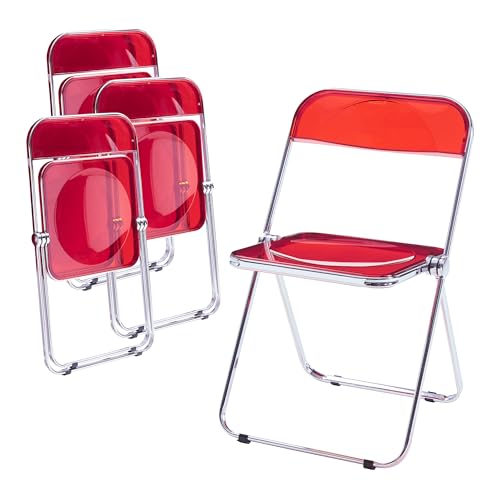 [en.casa] Lot de 4 Chaises Pliantes Ensemble de 4 Sièges de Salle à Manger Set de 4 Chaises pour Invités Cuisine Bureau Acier Chromé Polycarbonate 74 x 46 x 47 cm Rouge