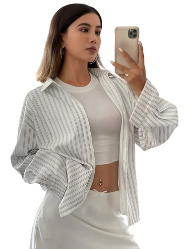 Image of GRECIILOOKS Striped Shirt for Women | Korean Style Full Sleeve Oversized Button Down Shirts | Tops for Women | Shirt for Woman | Plus Size Top for Office & Casual Outfit
