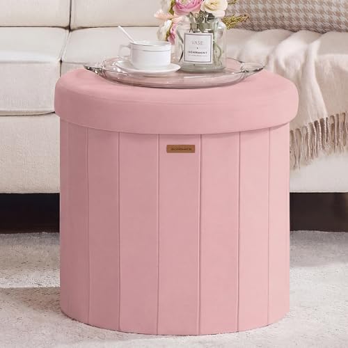 Image of SONGMICS Mazie Collection - Round Storage Ottoman, Folding Footrest Stool with Removable Lid, Easy Assembly, Velvet Vanity Stool for Bedroom, Living Room, Entryway, Jelly Pink ULSF608R01