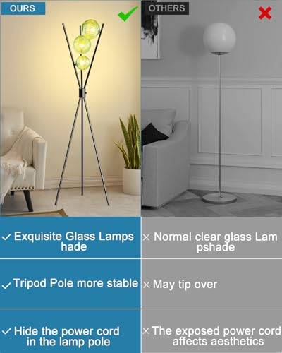 Image of Lightdot Dimmable Black Tripod Floor Lamp, Mid Century Standing Lamps with 3 Globe Green Glass Lampshade& Bulb Included, 3000K Bulbs Included Modern Tall Lamp for Living Room /Sofa Beside /Corner Decor