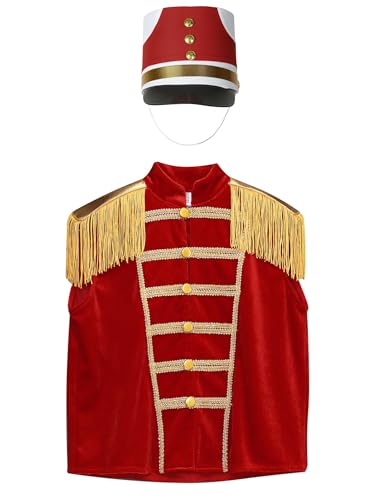 Marching Band Suit Vest for Kids Fringe Epaulet Military Drummer Parade Waistcoat Hat Set4