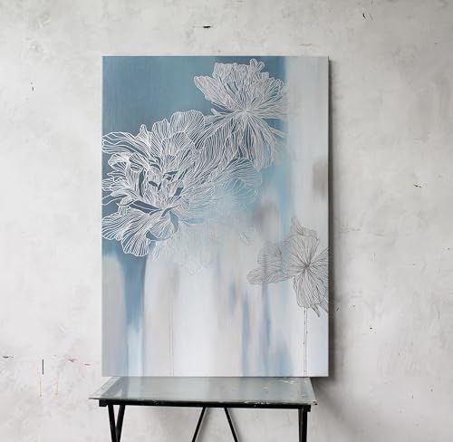 Tableau floral bleu argenté XINBAO 60x90 cm encadré pour mur salon