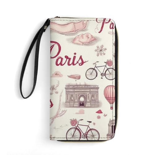 Fashion Decor Wallet, Long PU Zipper Wallet, Travel Purse Fashion Design, Huge Storage Capacity Purse With Rope Paris Pink Eiffel Tower