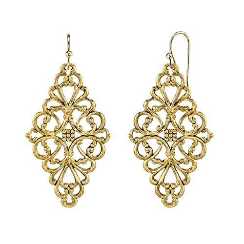 1928 Jewelry Diamond Symmetrical Gold Tone Filigree Drop Earrings For Women, Vintage Baroque Style Motifs