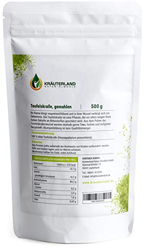 Kräuterland Teufelskralle gemahlen, 500g Pulver, 100% Rein, original afrikanische Premiumqualität, mehr Freude an Bewegung, für Mensch, Hund, Pferd und Katze