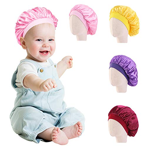 4 Pieces Kids Satin Bonnets Night Sleep Caps Wide Band Sleeping Hats Hair Care Cap for Toddler Children Teens Baby Kids Daily Supplies