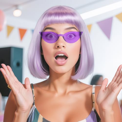IMEYLE Light Purple Bob Wig with Bangs 3 Pcs Purple Wigs for Women Short Bob Wig Shakira Fun Lavender Wigs Party for Women Outfit Cosplay Halloween Costume Peluca Morada Corta + Sunglass + Hair Cap
