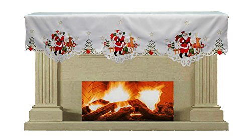 Creative Linens Holiday Christmas Embroidered Santa Reindeer Poinsettia Mantel Scarf 19x70 White Winter Fireplace Decoration