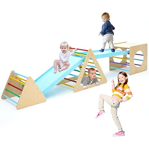 Set of 5 Wooden Triangle Climbing Toys Indoor for Toddler, 1 Square and 2 Triangle Climber with 2 Ramp for Climbing Sliding and Walking, 5 in 1 Toddler Play Equipment for Indoor Playground Play Gym Cover