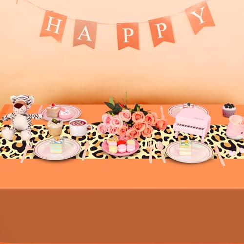 Image of Buryeah Leopard Print Tablecloth 54 x 108'' Leopard Plastic Table Cover Disposable Safari Animal Cheetah Print Party Decorations for Baby Shower Wedding Birthday Party Favors (Orange,3 Pcs)