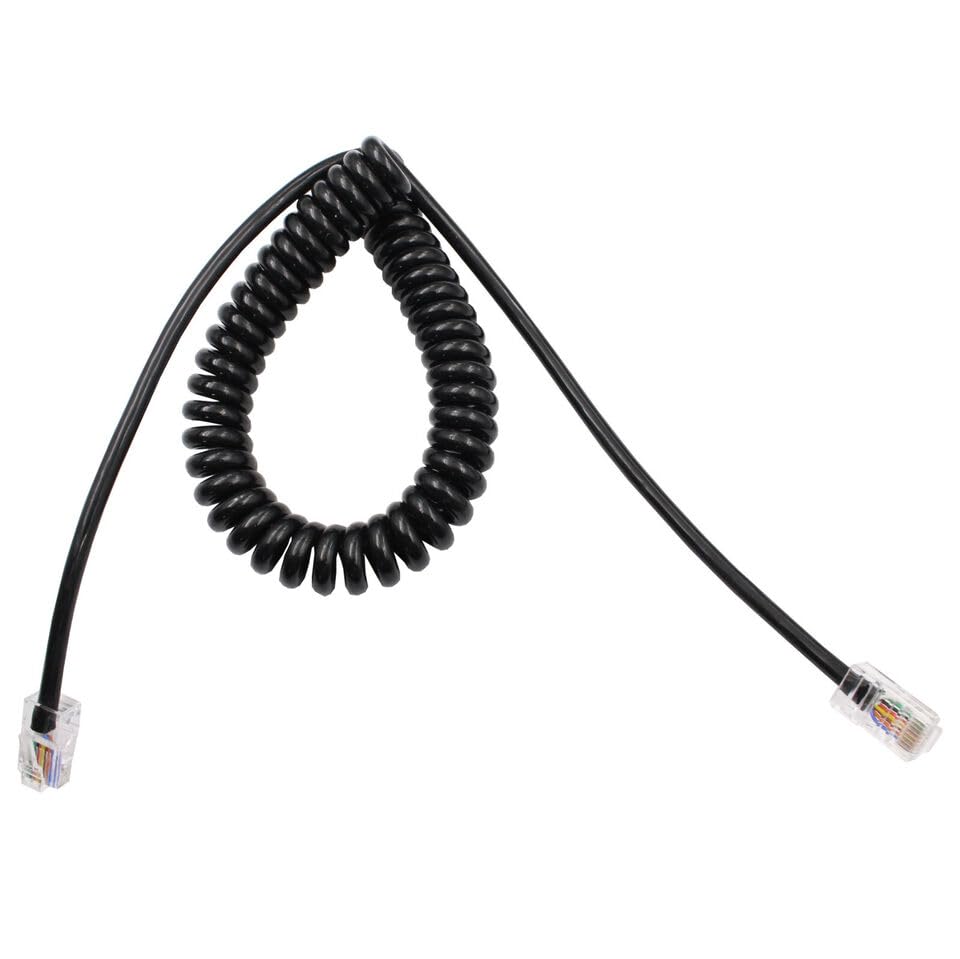 dreeong Mic Cable Cord, coiled black cable with two clear RJ-style connectors