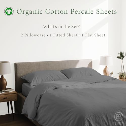 Threadmill 100% Organic Cotton Queen Sheets - GOTS Certified 4 Piece Dark Grey Percale Sheets Set - Soft & Cooling Bedsheet Set with Reusable Bag, Snug Fit with 16" Deep Pocket - Light - Thumbnail 5