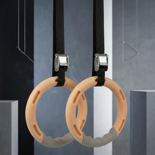Image of Leosportz Gymnastics Rings with Straps for Men Women | Anti-Slip Textured ABS Plastic Rings with Cam Buckles | Roman Rings for Calisthenics Traininig (Beige)