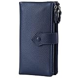 Bveyzi Women Soft Leather RFID Blocking Bifold Slim Wallets Ladies Credit Card Holder Double Zipper Pocket(Deep Blue)
