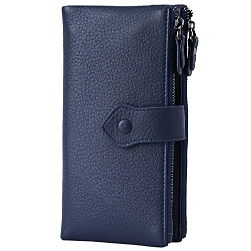Bveyzi Women Soft Leather Rfid Blocking Bifold Slim Wallets Ladies Credit Card Holder Double Zipper Pocket(Deep Blue) #TOP7