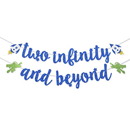 Dark Blue Glitter Two Infinity and Beyond Banner Pre-Strung for Kids' 2nd Birthday