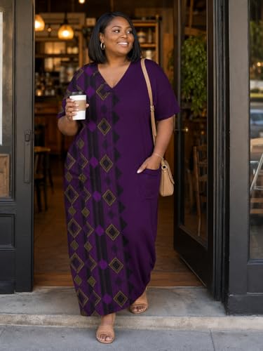 Image of Plus Size Maxi Dress for Women Short Sleeve V Neck Casual Loose Sundress with Pockets