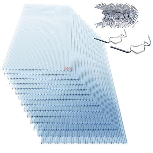 GARDEBRUK® 14x Plaques de polycarbonate creux 4mm 121x60,5cm 50 clips vitrage serre de jardin 10,25m² résistant UV double paroi isolante alvéolaire