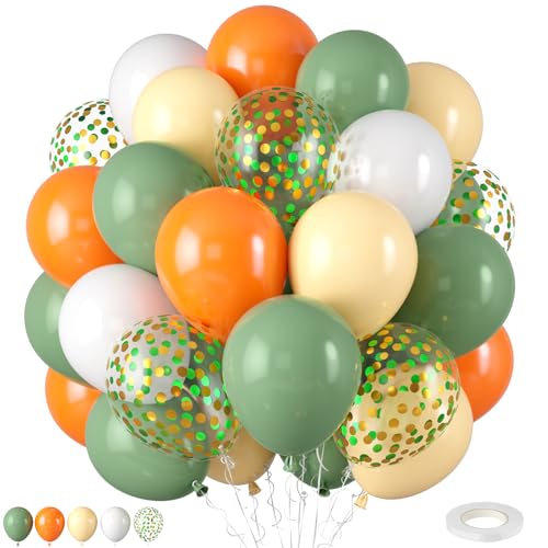 Image of Green and Orange Balloons 50PCS 12 Inch Sage Green Yellow Balloons | Fall Color Balloons with Confetti Latex Balloon for Cutie Baby Shower Fall Party Birthday Party Decorations