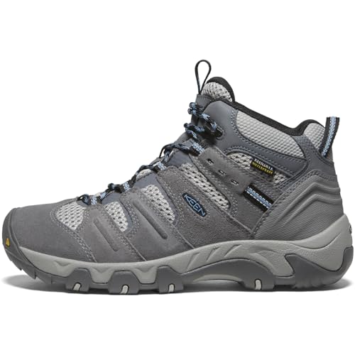 KEEN Women's Headout Mid Height Waterproof All Terrain Hiking Boots, Steel Grey/Blue Heaven, 8.5 US