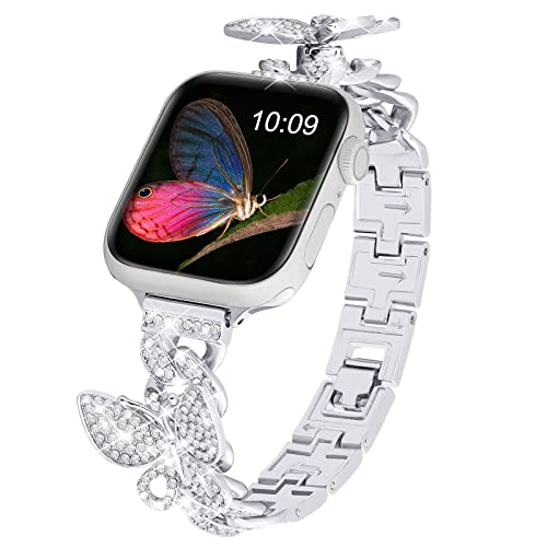 MOFREE Bling Bands Compatible with Apple Watch Band 38mm 40mm 41mm Women, Jewelry Diamond Rhinestone Replacement Metal Strap, Adjustable 3D Twirl Butterfly Bracelet for iWatch Series 8 7 SE 6 5 4 3 2 1 -Sliver