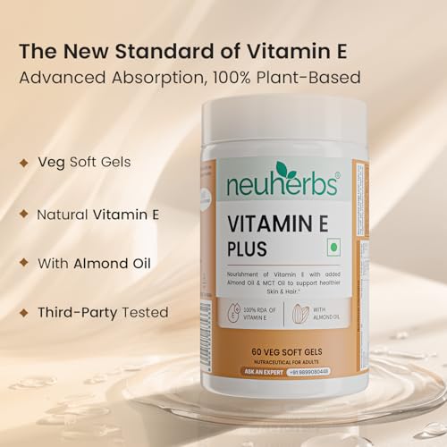 Image of Neuherbs Vitamin E Plus Capsules for Skin & Hair | Plant-Based Vitamin E Supplement with Almond & Sunflower Oil | Supports Glowing Skin & Hair Strength | Vegan | 60 Capsules