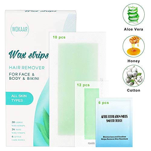 Wokaar Wax Strips Hair Removal Waxing Kit for Full Body Face Bikini 44 Count Double Sided Strips + 6 Post Care Wipes