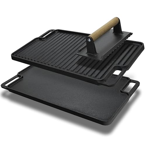 Cast Iron Griddle/Grill Reversible Combo Set + Protective Mitts, Grill Press & Scraper- Pre-seasoned...