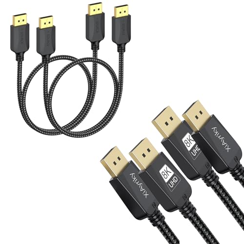 XiAyriky 3ft Braided 4K DP & 10ft 8K DP 1.4 Cable 2-Pack Bundle, Short/Long DisplayPort Cables for All Setups (2K@165Hz & 8K@60Hz/4K@240Hz), 21.6Gbps & 32.4Gbps, PC Monitor Graphics Card