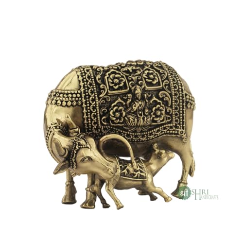 Image of INDICAST Handcrafted Brass Cow with Calf for Good Luck | 3 inch Kamdhenu Gau MATA Idol Spiritual Vastu Nandi Pooja Figurine Sculpture for Home and Office (Weight- 210gm)