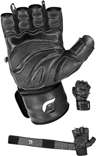 Elite Leather Gym Gloves with Built in 2' Wide Wrist Wraps Best Leather Glove Design for Weight Power Lifting Bodybuilding & Strength Training Workout Exercises (Black, Medium)