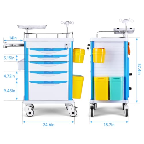 DeerPlanet Medical Carts with Wheels, 5-Tier Storage, Adjustable IV Pole, Silent Casters, Trash Bins, O2 Holder, Needle Disposal Holder & CPR Board, Rolling Medical Cart for Hospital Salon Lab Clinic