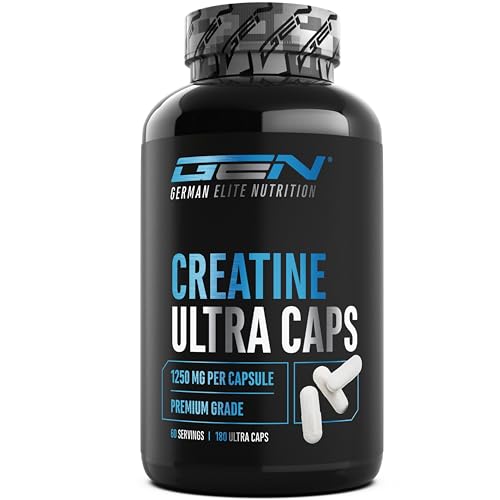GEN GERMAN ELITE NUTRITION Cápsulas de Creatina Ultra - 180 cápsulas con 1250 mg cada una de monohidrato de creatina puro - Premium: Ultrafino + Factor de malla de 200 - Altamente dosificado