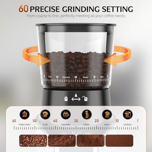 Burr Coffee Grinder with Anti-Static Technology, Electric Conical Bean Grinder with Touch Screen & 60 Settings for Espresso to French Press, 1-60s Timer & 1-8 Cup Dosing, Stainless Steel, Black - 2