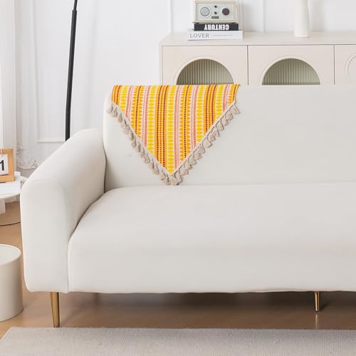 Image of HOKIPO 'Artisan Boho Series' Sofa Backrest Cover with Tassel | 450 GSM Thick Cotton Acrylic Jacquard Fabric Backrest Mat, Size 55x80 cm, Mustard Yellow (IN-900-A1)