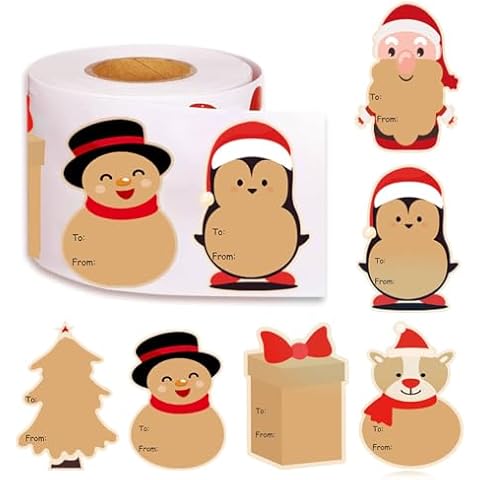 WUYUEJXI 500 Pcs Christmas Kraft Tag Sticker，2'' x 3'' Christmas Santa Claus Snowman Stickers 6 Designs, Self Adhesive Holiday Stickers Label Roll，for Christmas Holiday Wrapping,Envelope Labels Cover