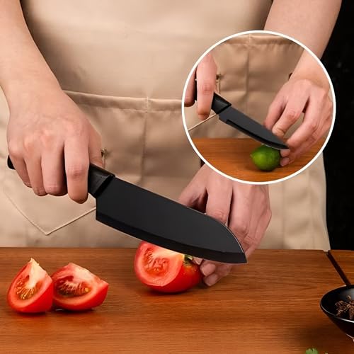 Image of SKYTONE Knife Set of 3 with Cover, Stainless Steel Knives for Kitchen| Sharp Edge Cutting Chef Knifes for Chopping Vegetables, Fruits, Multipurpose Knife, Kitchen Tools (Black Pack of 3)