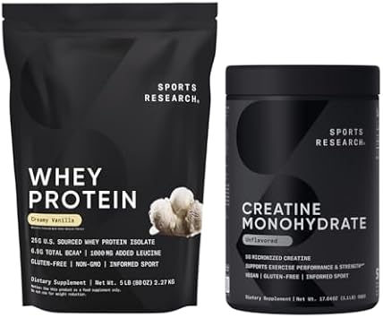 Sports Research Creatine Monohydrate 100 Servings & Vanilla Whey Protein 63 Servings, The Dynamic Duo for Lean Muscle Building, Improved Performance, Strength & Workout Recovery - Sports Nutritio