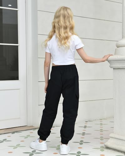 Image of Girls Cargo Pants Drawstring Elastic Waist Loose Tapered Jogger Pants with Pockets, Black, 14-16 Years = Tag 180